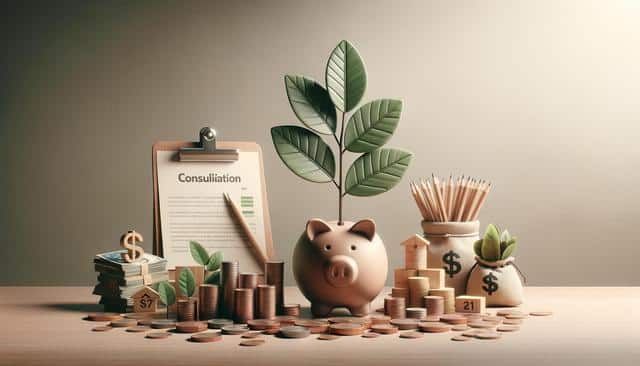 A piggy bank with a plant growing from it, surrounded by coins, dollar bills, a calculator, and money bags on a table.