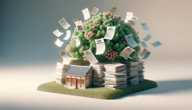 A small Japanese house sits beneath a tree made of paper stacks with documents flying away.
