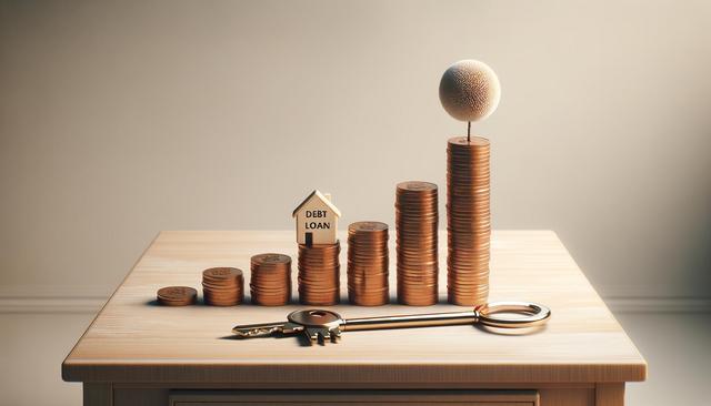 Stacked coins form a staircase on a table, with a miniature house labeled "Debt Loan" on the second stack. A large key lies in front.