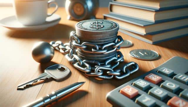 Stack of coins chained together, next to a key, pen, calculator, and cup.