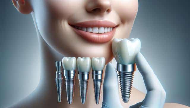 Smiling person holding dental implants of various sizes in a gloved hand.
