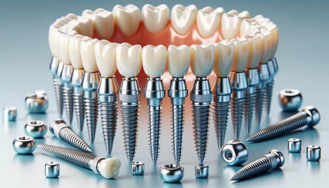 A circle of dental implants with metal screws and artificial teeth, surrounded by loose implant parts.