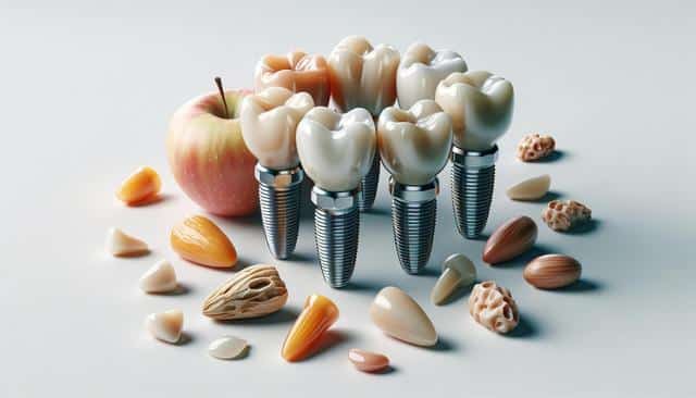 Dental implants resembling teeth are surrounded by nuts and an apple.