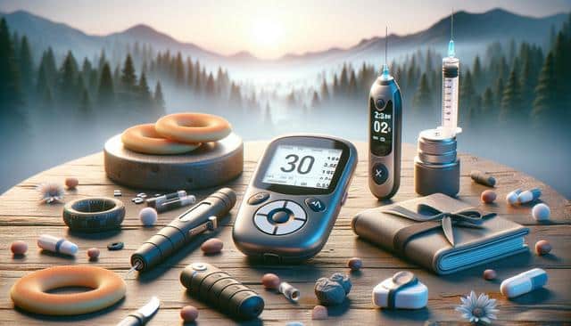 Diabetes management tools on a wooden table with a mountain landscape in the background.