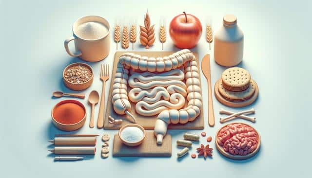 Various foods and items arranged to resemble human intestines and brain, symbolizing diet's impact on digestion and cognition.