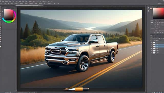 A silver pickup truck on a scenic road with mountains and trees in the background, edited in a digital art program.