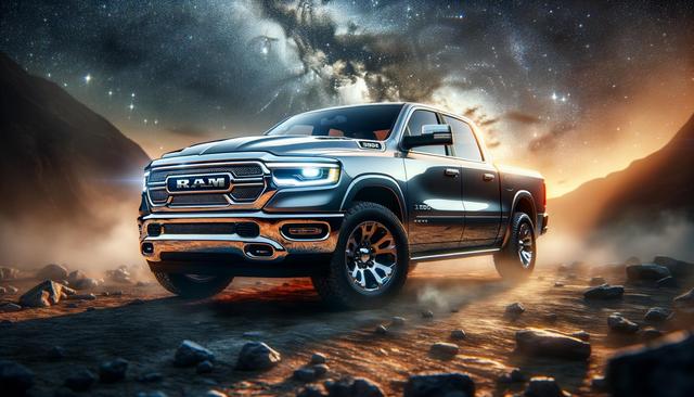 Shiny pickup truck on a rocky terrain with a starry sky background.