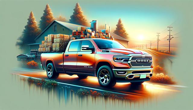 A red pickup truck loaded with boxes drives by a barn at sunset.