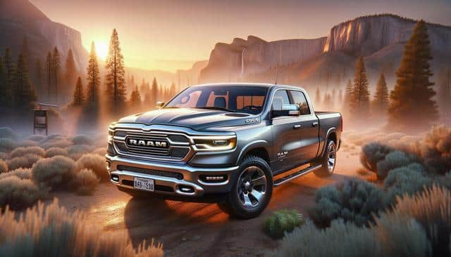 Silver pickup truck on a misty path in a forested canyon at sunset.