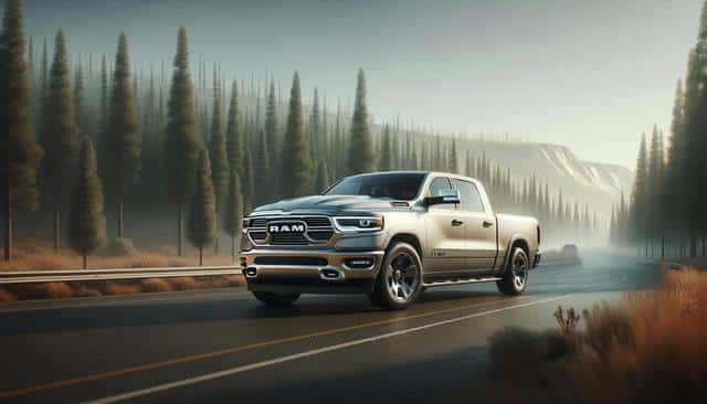 A silver truck drives on a foggy forest highway with tall, thin trees.