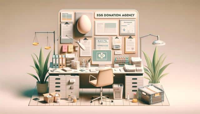 Egg donation agency office with a desk, computer, paperwork, plants, and lab equipment.