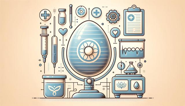 Futuristic medical lab elements, including a large egg-shaped object, syringes, gears, and medical equipment in blue and beige tones.
