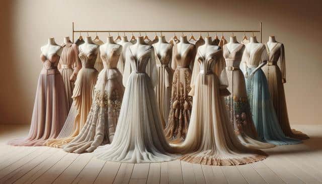 A row of elegant mannequins showcasing long, flowing evening gowns in various shades of beige and pastel, displayed on a wooden floor.