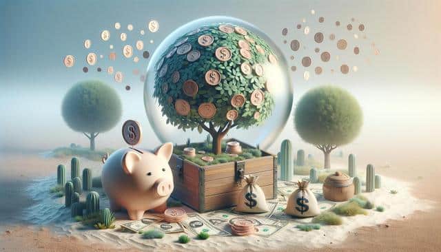 A money tree in a glass dome with coins and dollar bills, surrounded by a piggy bank, cacti, and money bags.