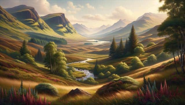 A serene landscape with rolling hills, tall mountains, a winding stream, and scattered trees under a bright, cloudy sky.