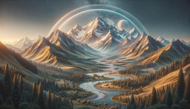 Majestic mountains with a river winding through a valley, under an arched celestial sky.