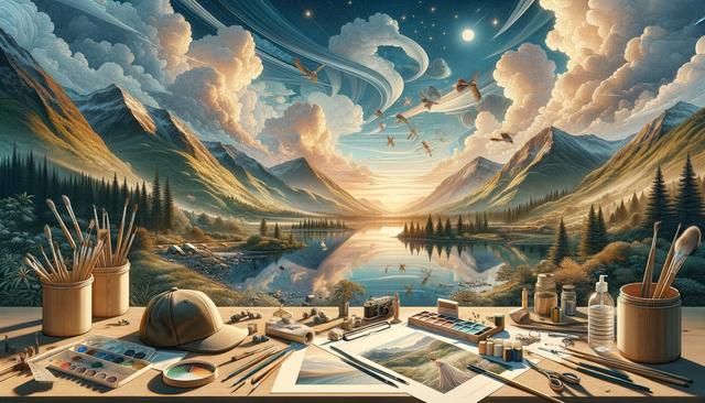 A dreamy landscape with mountains, a river, and a starry sky fills the background, while an artist's desk with brushes, paints, and sketches dominates the foreground.