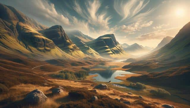 A serene valley landscape with mountains, a winding path, a reflective lake, and a bright sky with wispy clouds.