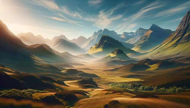 Expansive, sunlit mountain landscape with rolling hills and scattered greenery under a blue sky.