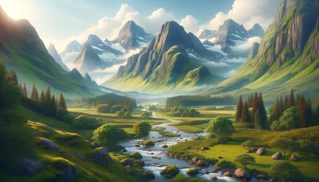 A serene valley with a flowing river, lush greenery, and majestic snow-capped mountains under a blue sky.