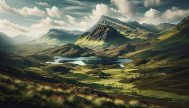 A serene landscape with rolling hills, a reflective lake, and a towering mountain under a partly cloudy sky.