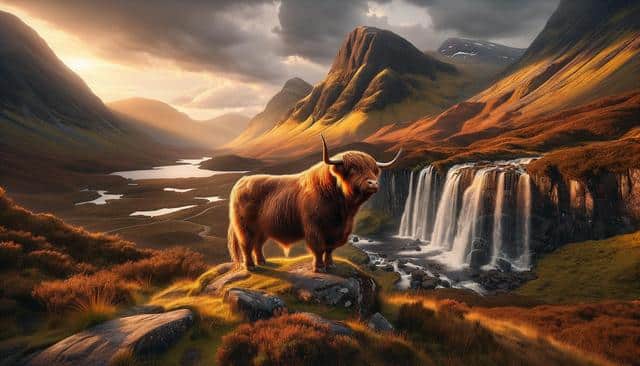 A Highland cow stands on a rocky hill overlooking a waterfall and valley, bathed in warm sunset light.