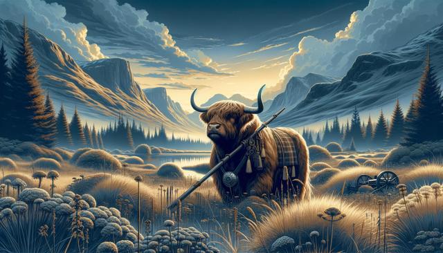 A Highland cow wearing plaid with a staff, stands in a serene mountainous landscape at sunset.