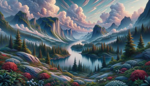 A serene, colorful landscape featuring a winding river, lush forests, mountains, and dramatic clouds.