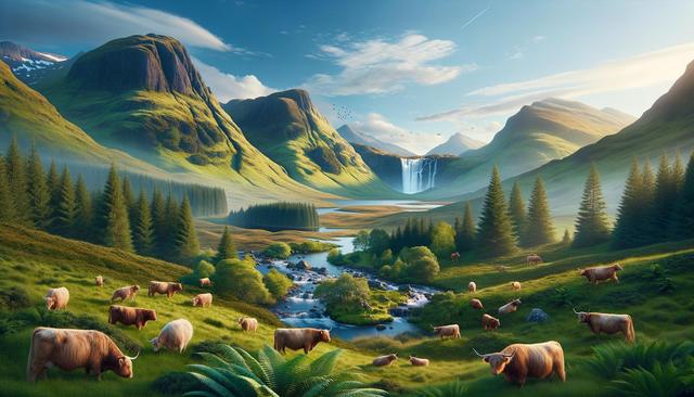 Highland cows graze in a lush valley with a waterfall, river, and distant mountains.