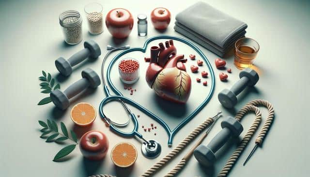 A heart model surrounded by fruits, weights, a stethoscope, and health-related items symbolizing wellness.