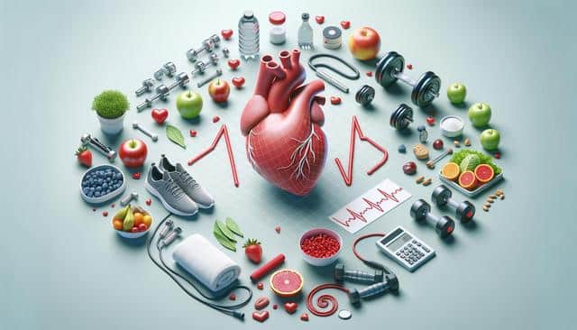 A 3D heart surrounded by fruits, vegetables, exercise equipment, and a heartbeat line, symbolizing health and fitness.