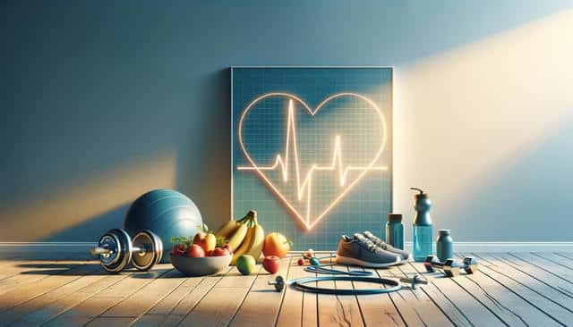 Fitness items and healthy food arranged near a glowing heartbeat line in a heart shape on a board.