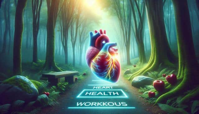 Glowing anatomical heart floating on a forest path with neon words "Heart Health Workouts" and apples scattered around.