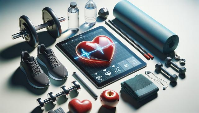 Exercise gear including dumbbells, sneakers, a yoga mat, a tablet with a heart monitor, and a red apple.