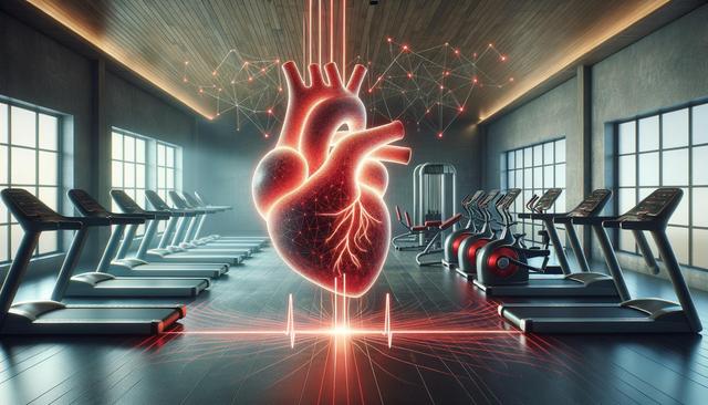 A digital heart over treadmills in a gym with glowing lines connecting them, symbolizing heart health and exercise.
