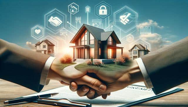 Handshake over a house and agreement, symbolizing real estate deal, with icons of home and security above.
