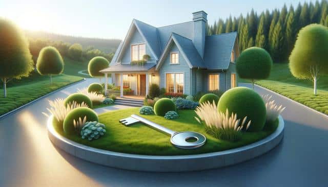 A cozy house with a garden, surrounded by a road, featuring a large key on the grass.