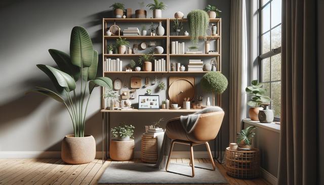 Cozy home office with plants, shelves, a wooden desk, chair, and natural light from a large window.