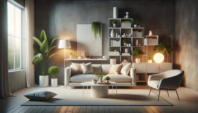 Modern living room with a white sofa, plants, bookshelves, and soft lighting.