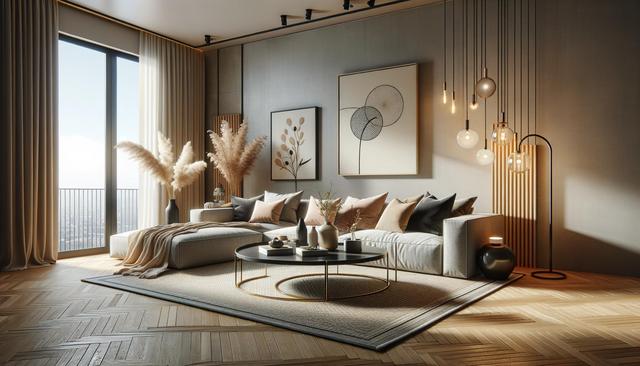 Modern living room with a large window, neutral-toned furniture, round coffee table, and hanging pendant lights.