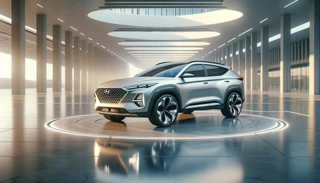 Futuristic silver SUV in a modern, spacious showroom with skylights.