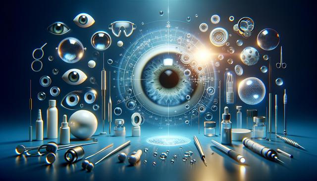 Futuristic medical imagery featuring a large, detailed eye surrounded by medical tools and eye graphics on a blue background.