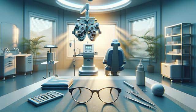 Optometrist office with an exam chair, phoropter, and eye care tools on a table.