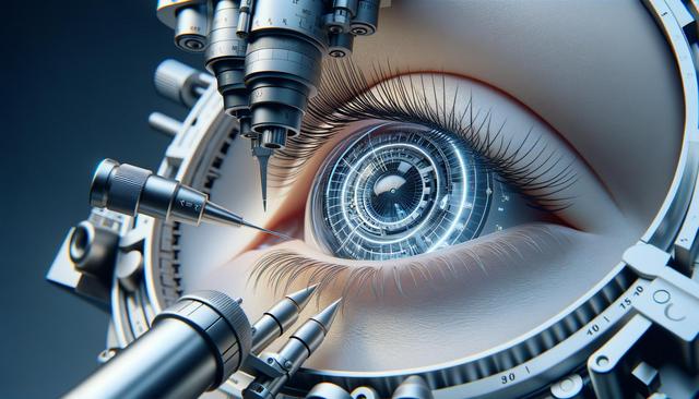 A close-up of a human eye integrated with mechanical and digital components, resembling a futuristic cyborg eye.