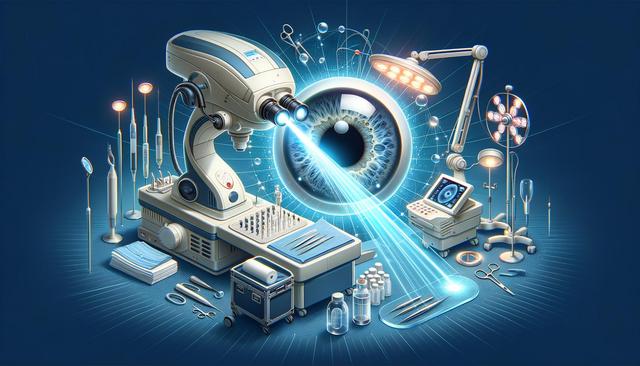 Futuristic surgical setup with a large eye, laser beams, and medical instruments.
