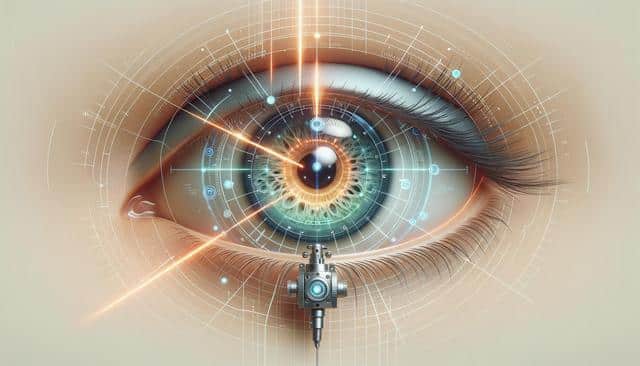 A close-up of a human eye integrated with futuristic digital elements and glowing lines.