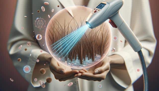 A person holds a sphere showing hair follicles being treated with a handheld device emitting blue light, surrounded by floating particles.