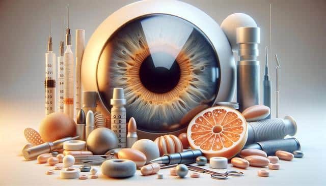 A large eye surrounded by medical syringes, pills, and an orange slice, symbolizing healthcare and treatment.