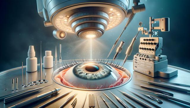 A detailed, futuristic eye surgery setup with a large machine, an eye model, and various surgical tools.