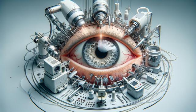 A large, realistic eye surrounded by intricate machinery and medical devices.